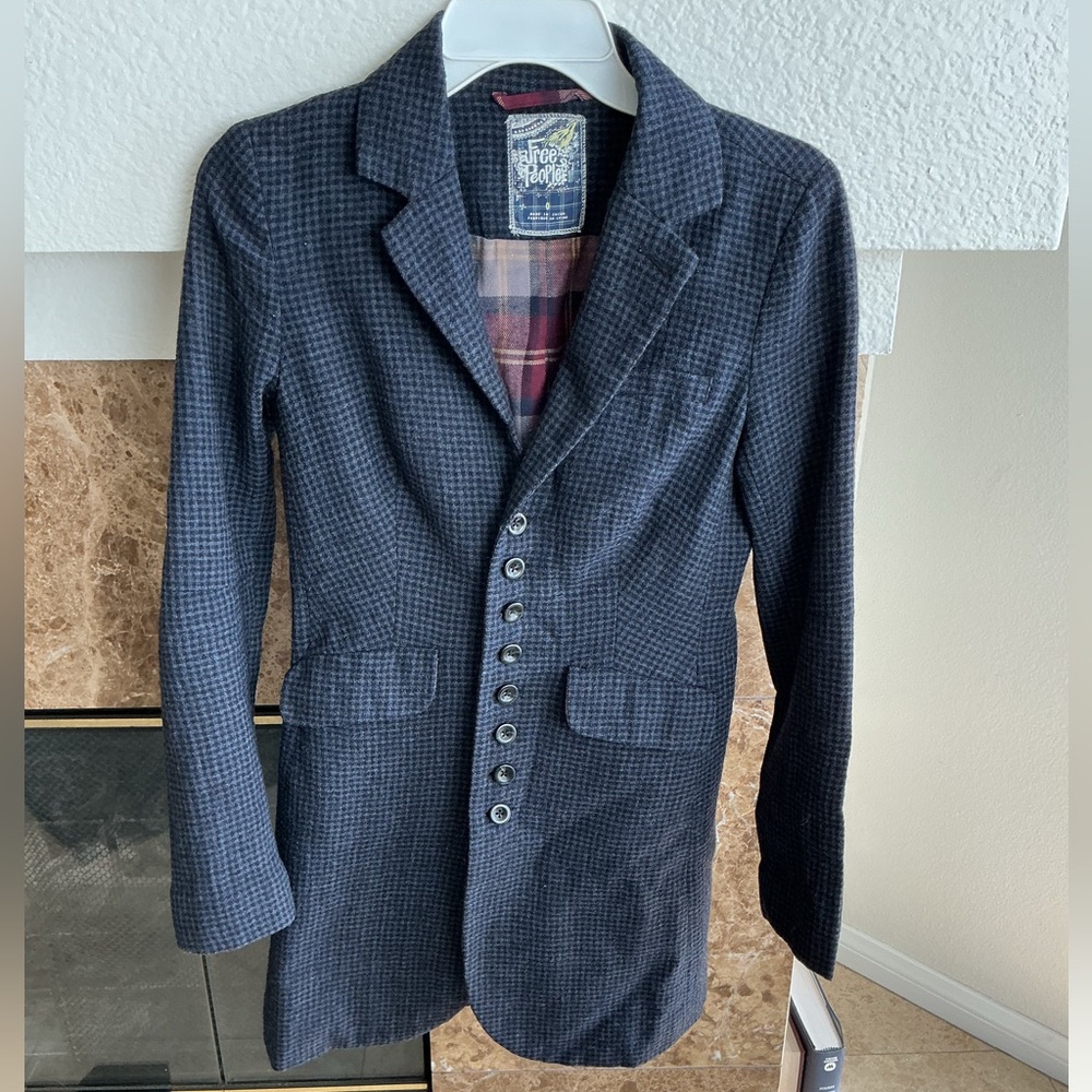 Free People Blue/Black Houndstooth Check Riding Jacket